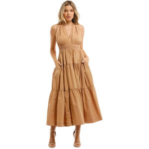 S/W/F Sleeveless V-Neck Gathered Tiered A-Line Maxi Dress Brown Women's Size M